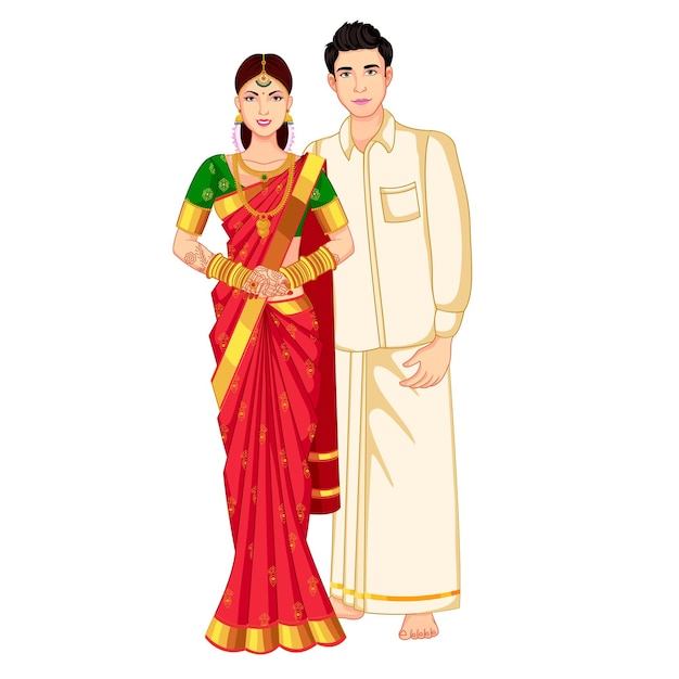 Pareja de novios del sur de la India de pie vistiendo sari de seda y veshti