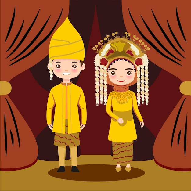 Pareja de novios en vestido de novia tradicional cultura del sur de banjar kalimantan