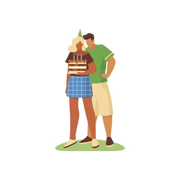 Pareja o amigos con vector de pastel de cumpleaños