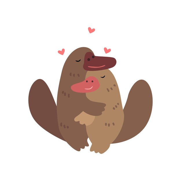 Pareja de ornitorrincos enamorados abrazándose dos animales felices abrazándose con corazones sobre su cabeza vector ilustración aislada sobre fondo blanco