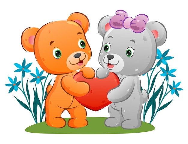La pareja de osos está compartiendo y sosteniendo su muñeco de amor con sus manos de ilustración.
