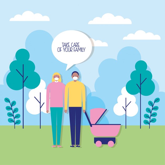 Pareja de padres usando mascarillas con ilustración de carrito de bebé