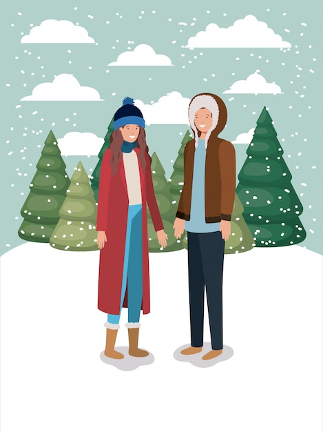 Pareja en paisaje nevado con ropa de invierno