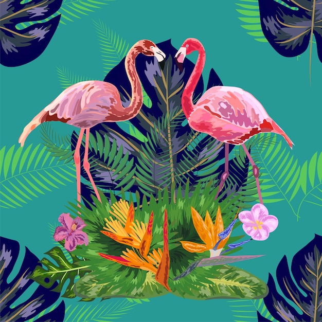 Pareja de pájaros flamencos rosados de patrones sin fisuras de moda Flores de camelia brillantes Hojas verdes de monstera tropical