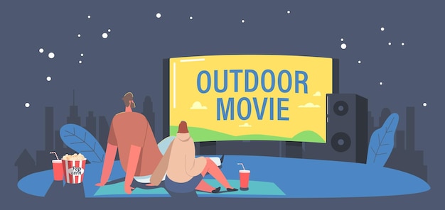 Pareja con palomitas de maíz y refrescos en el cine al aire libre en el patio trasero. los personajes pasan la noche en el cine al aire libre viendo películas en pantalla grande con sistema de sonido. ilustración de vector de gente de dibujos animados