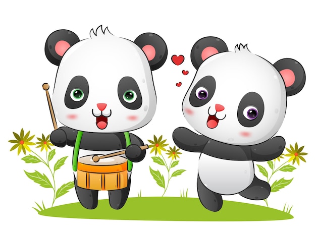 La pareja panda músico toca el tambor y baila con la melodía en la ilustración del parque