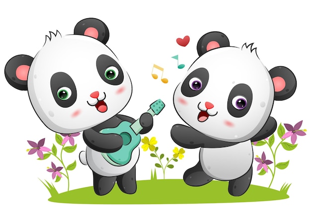 La pareja de panda está tocando la guitarra y bailando con la música en la ilustración del parque.