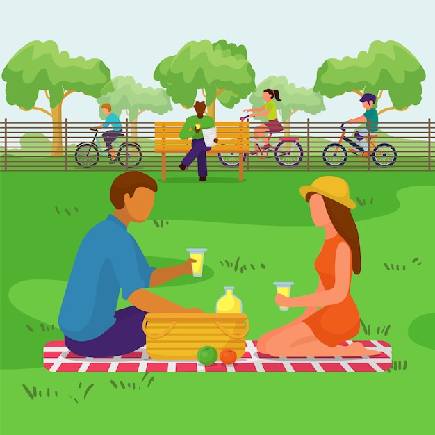 Pareja en el parque, gente feliz en el picnic, ilustración. hombre mujer carácter familia en naturaleza outdoot, paisaje de verano.