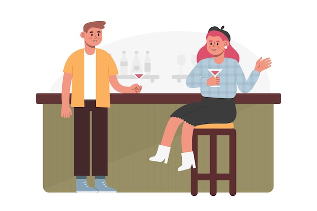 Pareja pasando tiempo juntos hablando visita bar Hombre sosteniendo vid y hablando con hembra