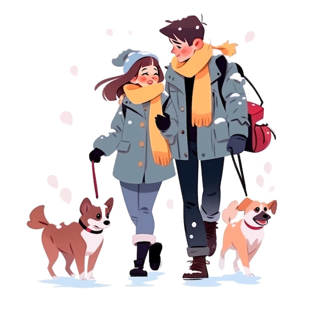 pareja paseando con un perro pequeño en invierno