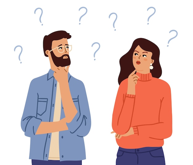 Pareja pensando. Gente confundida, duda hombre niña con signos de interrogación. Persona cuestionable de dibujos animados, personajes de vector elegante rostro pensativo. Pareja mujer y hombre confundidos, pregunta pensar ilustración