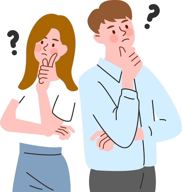 Una pareja pensando y preguntándose con signos de interrogación