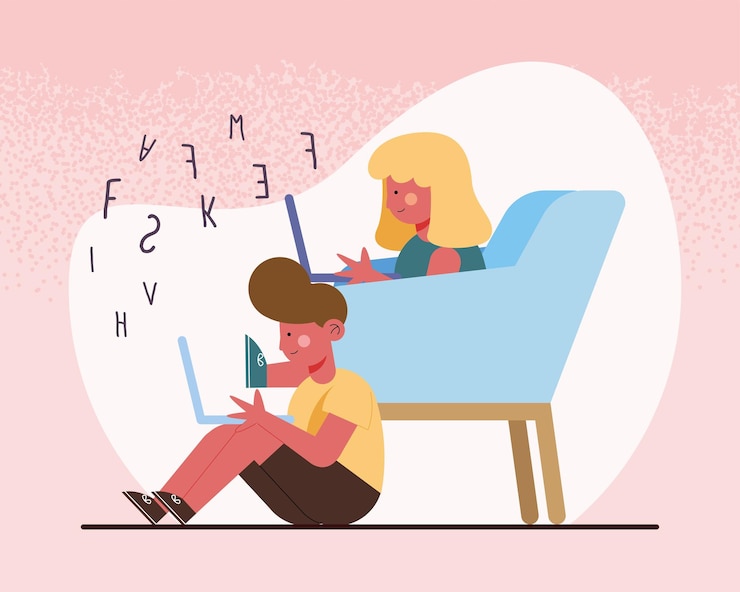 Vector pareja de pequeños estudiantes usando laptops elearning