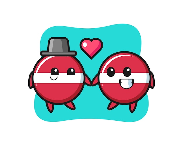 Pareja de personaje de dibujos animados de insignia de bandera de letonia con gesto de enamorarse, diseño de estilo lindo para camiseta, pegatina, elemento de logotipo