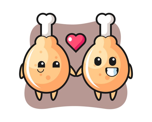 Pareja de personaje de dibujos animados de pollo frito con gesto de enamorarse