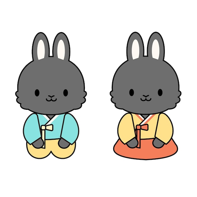 Una pareja de personajes de conejos negros en hanbok.