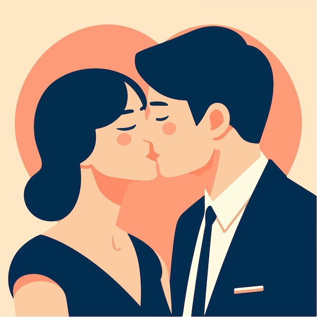 Pareja de personajes vectoriales besándose con estilo de diseño plano.