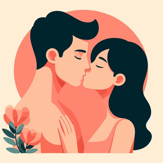 Vector pareja de personajes vectoriales besándose con estilo de diseño plano.