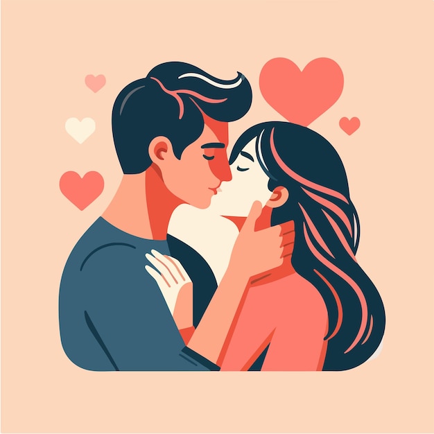 Pareja de personajes vectoriales besándose con estilo de diseño plano.