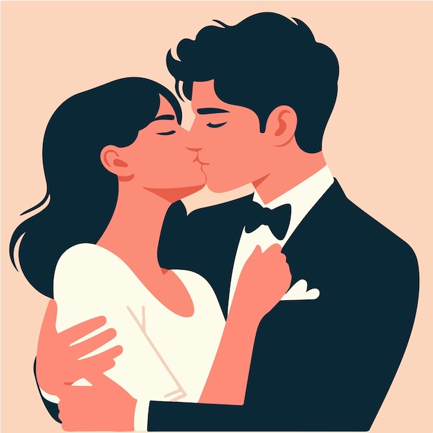 Pareja de personajes vectoriales besándose con estilo de diseño plano.
