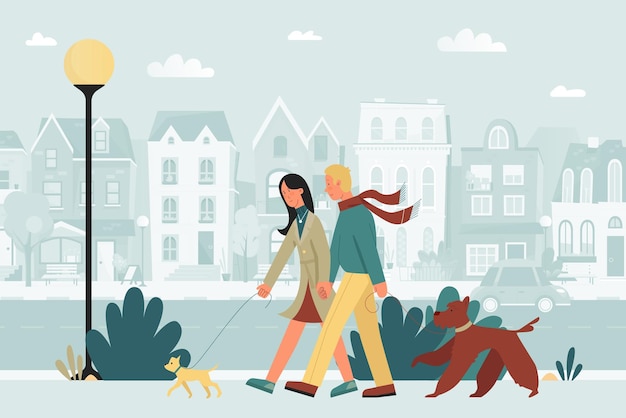 Una pareja de personas caminan con perros por la carretera de la ciudad con casas y un paisaje urbano de linterna callejera