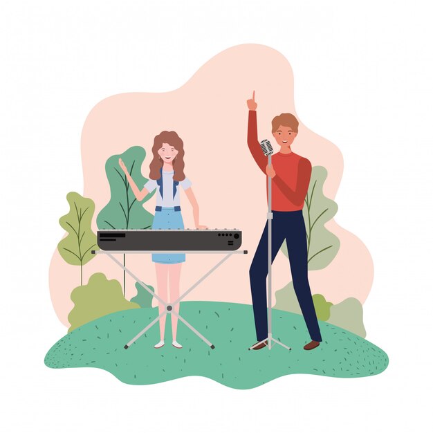 Vector pareja de personas con instrumentos musicales y paisaje.