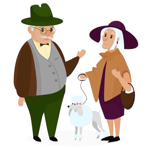 Pareja de personas mayores con un caniche perro. abuelos felices juntos aislados. abuelo y abuela. pareja de ancianos mayores. ilustración vectorial de dibujos animados.