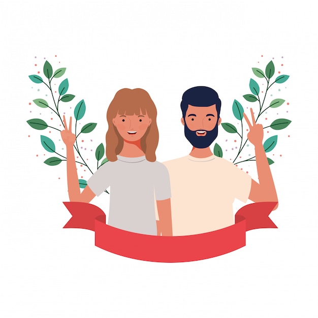 Pareja de personas con paisaje de ramas y hojas