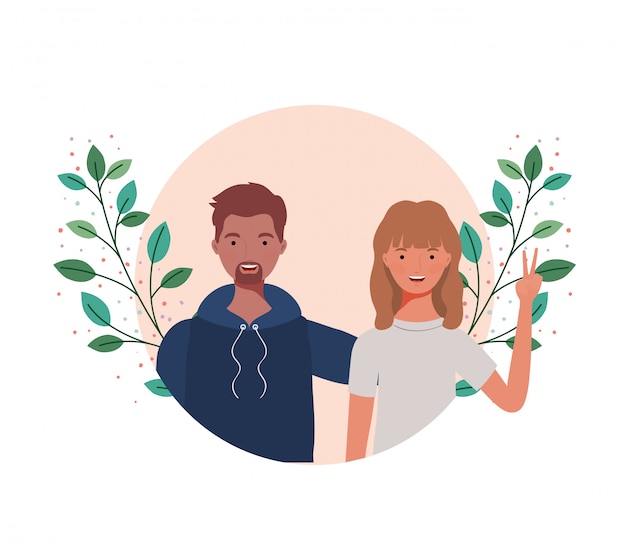 Pareja de personas con paisaje de ramas y hojas