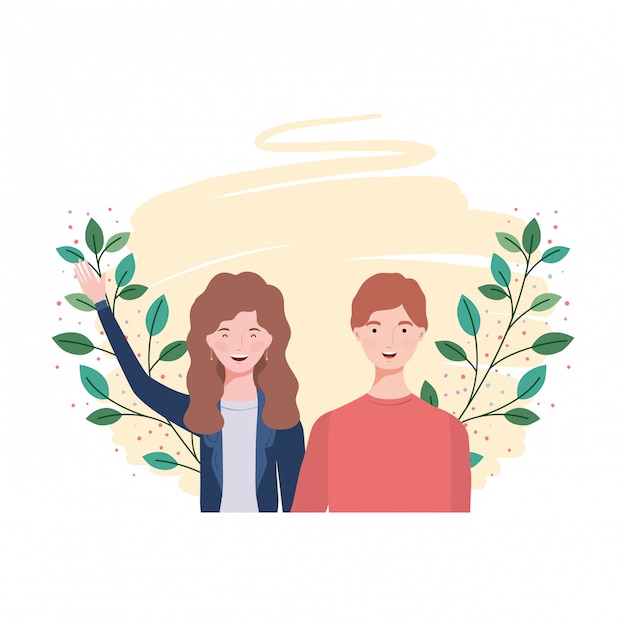 Vector pareja de personas con paisaje de ramas y hojas