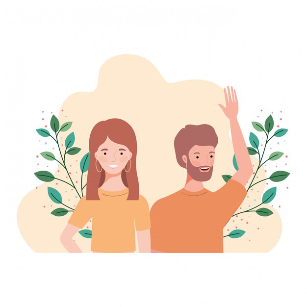 Vector pareja de personas con paisaje de ramas y hojas