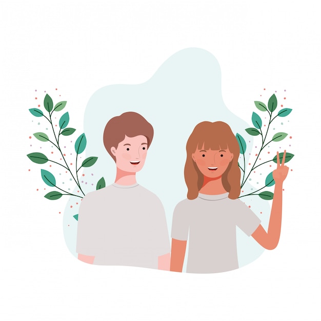 Pareja de personas con paisaje de ramas y hojas