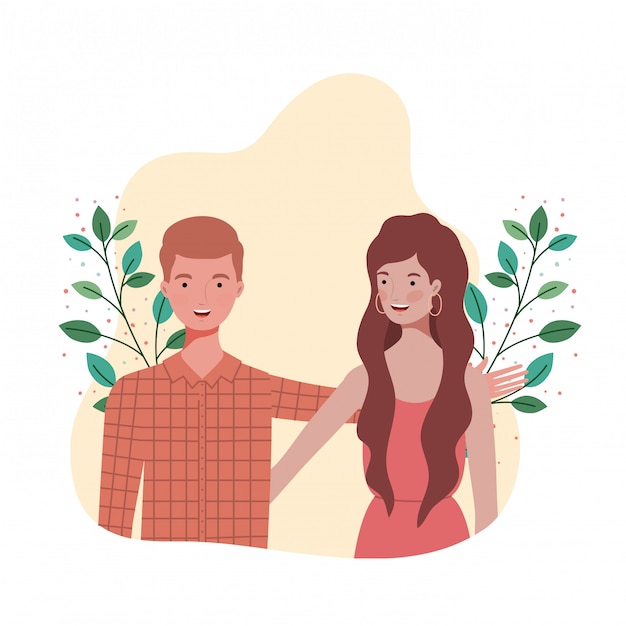 Vector pareja de personas con paisaje de ramas y hojas