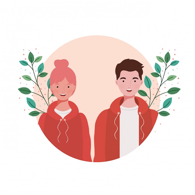 Pareja de personas con paisaje de ramas y hojas