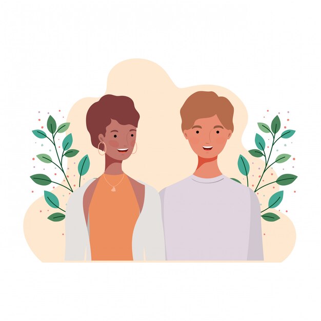 Vector pareja de personas con paisaje de ramas y hojas