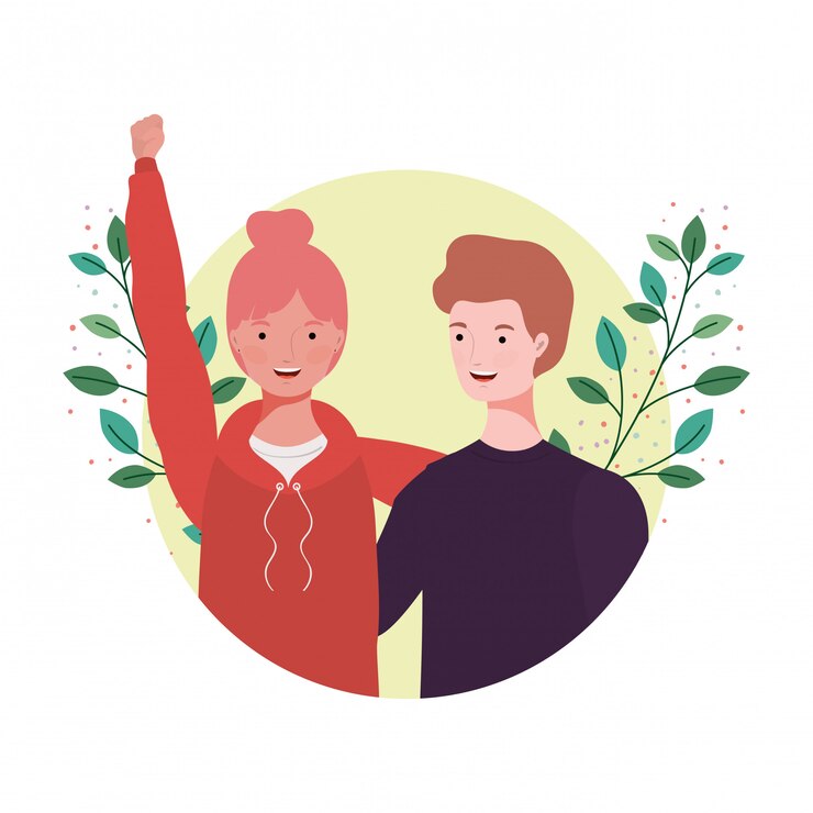 Vector pareja de personas con paisaje de ramas y hojas