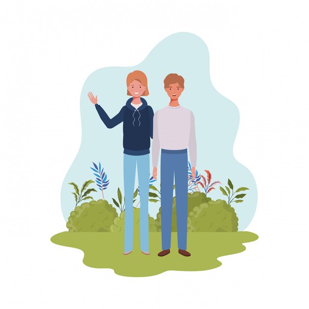 Vector pareja de personas de pie con paisaje