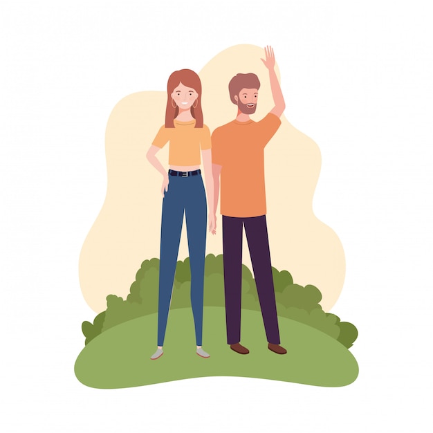 Vector pareja de personas de pie con paisaje