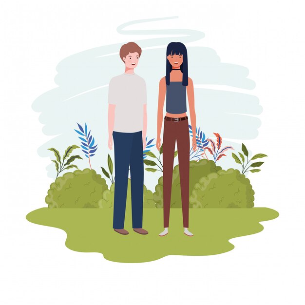 Vector pareja de personas de pie con paisaje