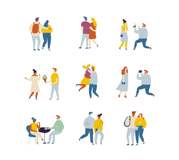 Pareja de personas planas en conjunto de vectores de amor Pareja enamorada pasando tiempo juntos