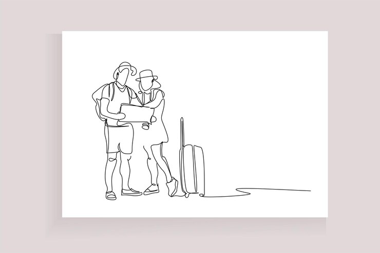 Vector pareja de personas de vacaciones mira el mapa