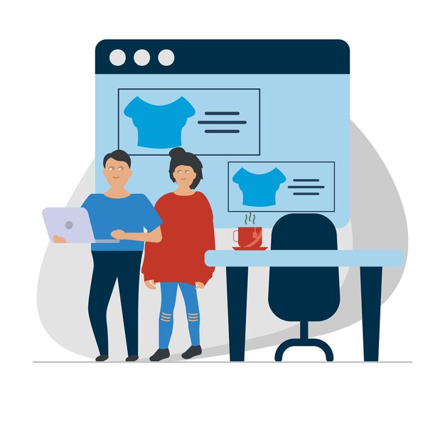 Una pareja de pie frente a una pantalla de computadora que dice 'no, camiseta'.