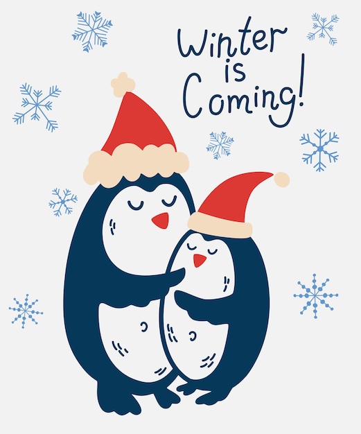 Pareja de pingüinos abrazándose. feliz año nuevo o tarjeta de navidad. perfecto para tarjetas de felicitación, invitaciones, desolladores. ilustración de vacaciones de dibujos animados de vector.