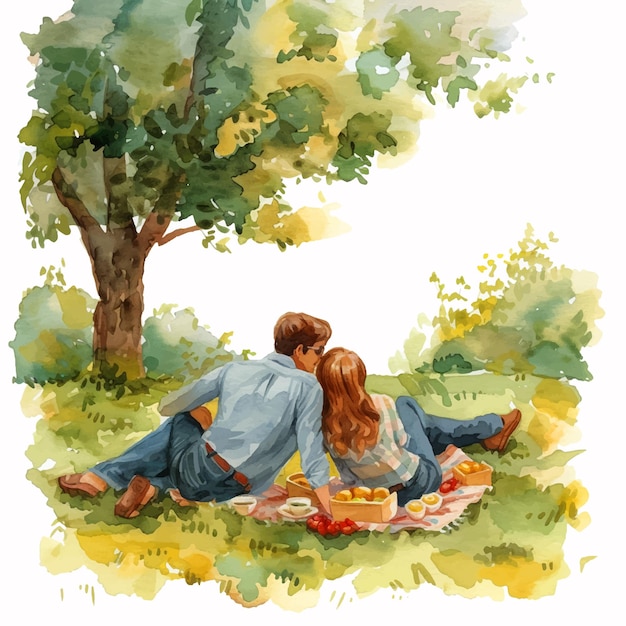 Una pareja con una pintura de acuarela de picnic
