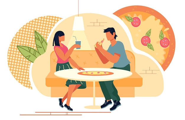 Vector pareja en pizzería o restaurante de comida rápida disfrutando de la cena y comunicación café de cocina italiana o cafetería de la calle