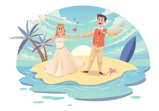 Vector una pareja en una playa con una palmera y la palabra amor.