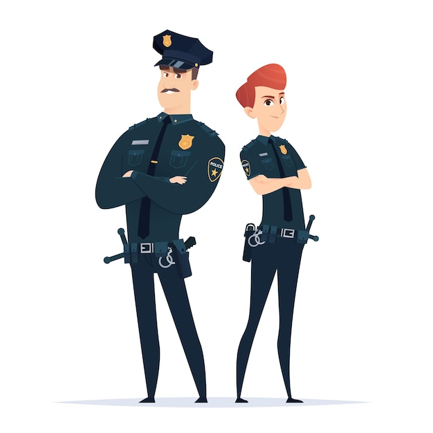 Una pareja de policías con el uniforme de pie juntos. Personajes de la policía. Oficiales de seguridad pública. Guardianes de la ley y el orden.