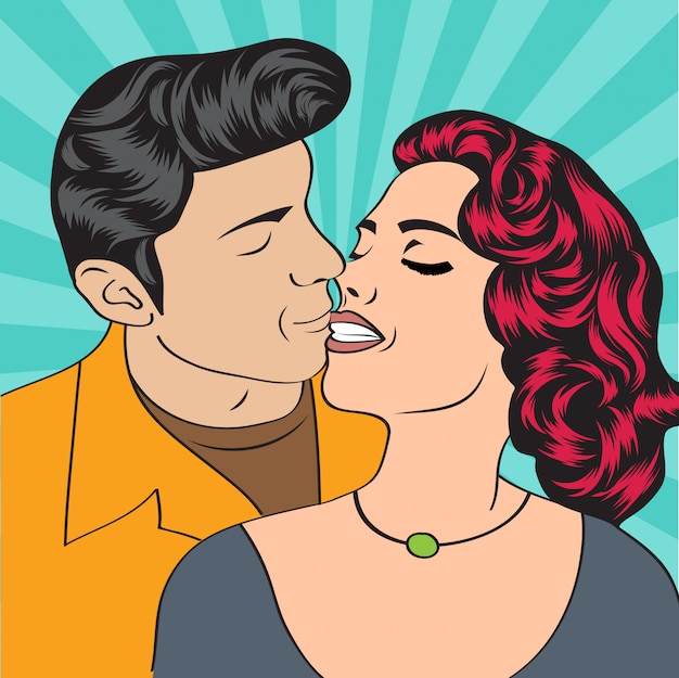 Pareja de pop art besándose. tarjeta de san valentín retro