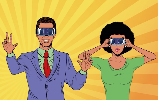 Pareja de pop art usando gafas de realidad virtual