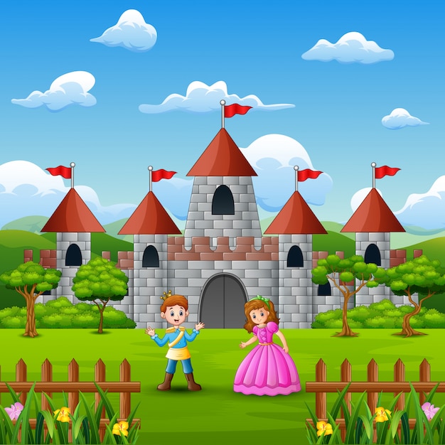 Pareja princesa y príncipe frente al castillo.